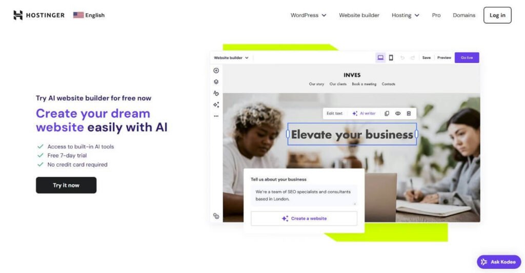 Hostinger's Website AI builder homepage